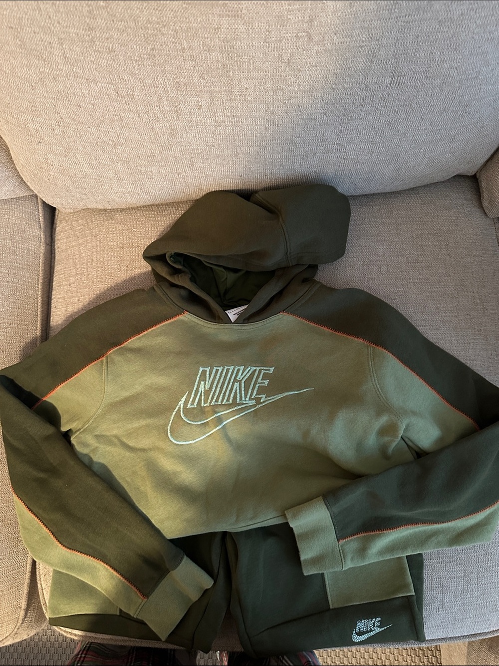 Nike Two-Tone Olive Green Hoodie with Orange Stitching and matching joggers